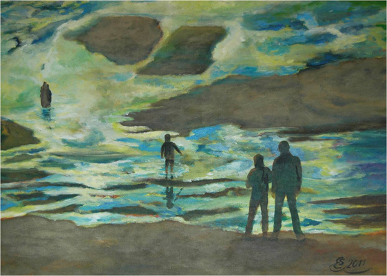 Eltern mit Kind am Ufer